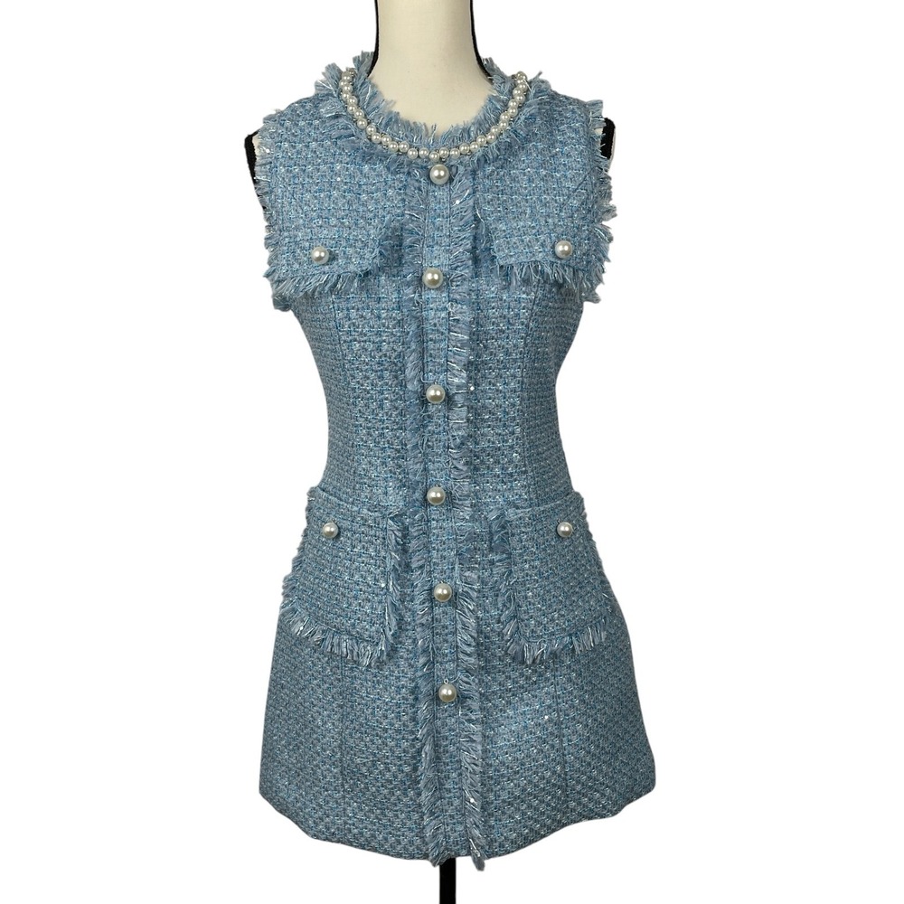 Fashion Nova Tabitha Womens Frayed Tweed Mini Dress Small Blue Pearl Embellished